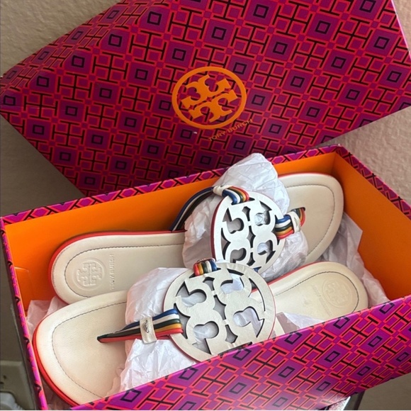 Tory Burch Cream Sandals with Multicolor Straps - Picture 1 of 4